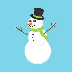 Flat icon Snowman with green scarf isolated on blue background. Vector illustration.