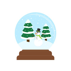 Flat icon Christmas snow globe with Snowman and Christmas trees isolated on white background. Vector illustration.