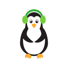 Flat icon penguin with woolen earphones isolated on white background. Vector illustration.