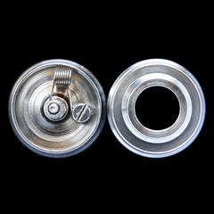 close up, macro shot, top view of single micro coil in high end rebuildable dripping atomizer for...