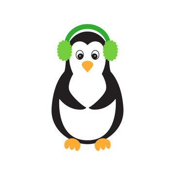 Flat icon penguin with woolen earphones isolated on white background. Vector illustration.