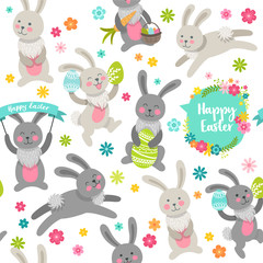 Happy Easter. Vector cartoon style easter bunny seamless pattern