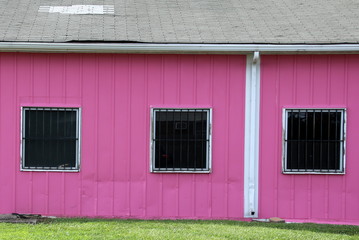 The pink building stands out because of the sharp color.