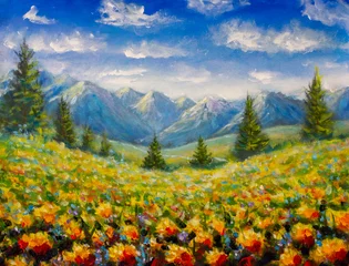Tafelkleed bloemen veld en pijnbomen in de buurt van bergen landschap illustratie fie kunst op canvas schilderij artwork © weris7554