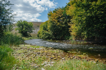 Safety life. Sunny day a calm river in summer. Beauty wild nature landscape. Ecology concept. Environmental protection. Water without pollution. Reserve of nature. Wild planet