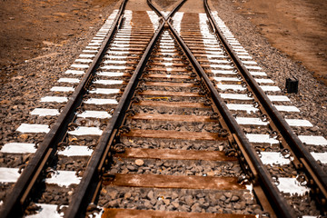 Obraz premium Close up of railway tracks passing or running straight through a forest type area with having surroundings dried out.