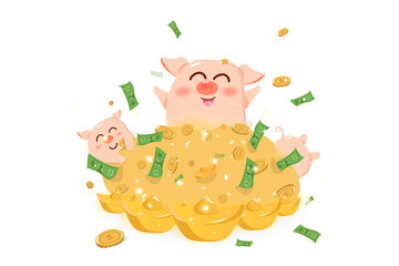 Big pile of money with pig, year of the pig, Chinese New Year, cute cartoon character vector illustration