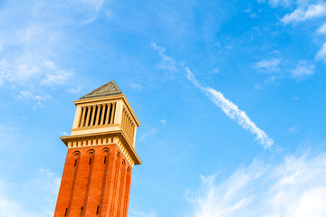 The Venetian Towers (1929) in Barcelona, Spain, at sunset