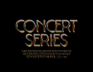 Fototapeta premium Vector Golden chic label Concert Series. Elegant 3D Font. Luxury glossy Black Alphabet Letters, Numbers and Symbols. 