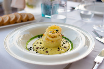 Salt cod dish with decoration, haute cuisine appetizer