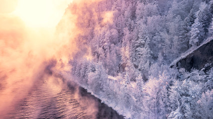 aerial view of the white forest with a gleam through the fog of the sun fire in the sky