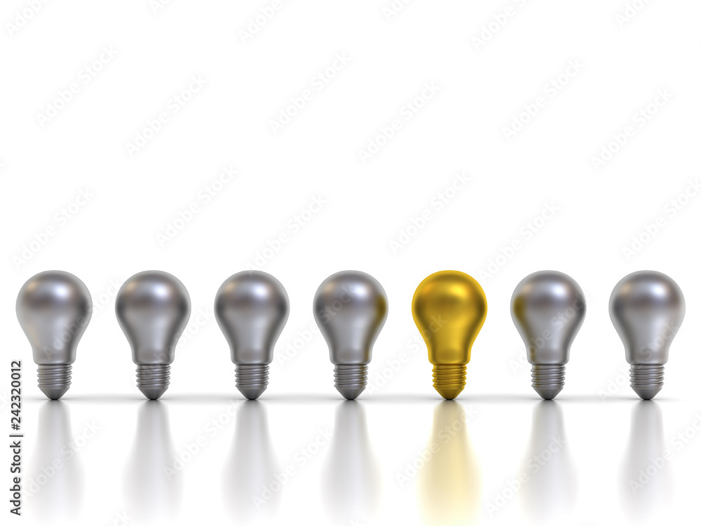 Aufkleber Think different concept One gold idea light bulb standing out from the silver metal bulbs with reflections and shadows leadership and individuality creative idea concepts 3D rendering
