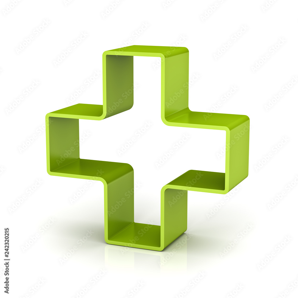 Poster Green plus sign isolated on white background with shadow and reflection  3D rendering