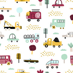Cute seamless pattern with cute cars. Perfect for kids fabric, textile, nursery wallpaper. Vector Illustration in scandinavian style.