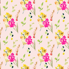 Spring Floral Field Pattern Background Wallpaper. Pink Spring Flowers Watercolor Pattern
