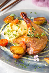 Baked duck leg with mashed potatoes and sauce, restaurant serving, delicious food, hearty dinner