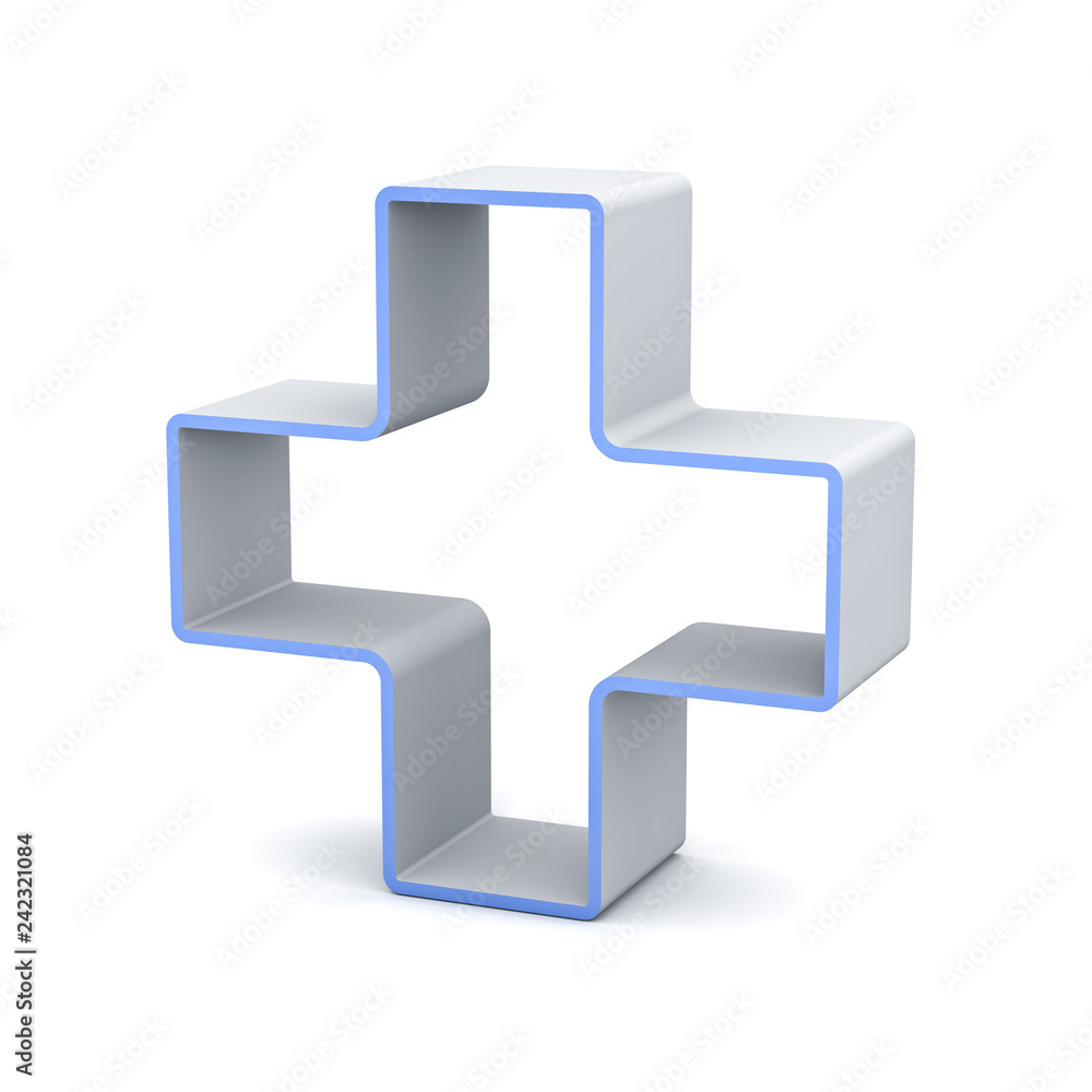Poster White with blue edge plus sign isolated on white background with shadow and reflection  3D rendering
