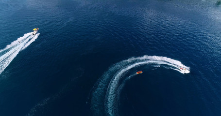  boat with banana in a lagoon in aerial view, Papeete French Polynesia