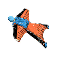 Hand drawn sketch of wingsuit in color, isolated on white background. Detailed vintage style drawing. Vector illustration