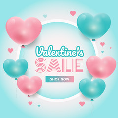 Party time, valentine's day background with pink and blue 3d hearts, circle frame, banner vector, sales promotion template, greeting card or invitation