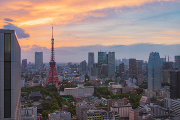 Tokyo tower, Japan in city sunset.