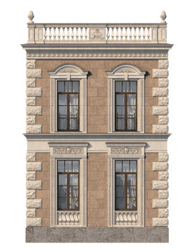 Stone facade of a classic house with windows. 3d rendering