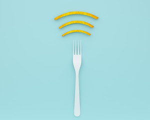 Wifi symbol creative idea layout made of fork with french fries on blue color background. minimal food idea and Internet technology /networking concept