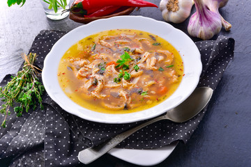 traditional tripe soup in polish style with beef and vegetables