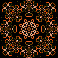 Beautiful abstract background with a circular ornament of curls and flowers on a dark background in...