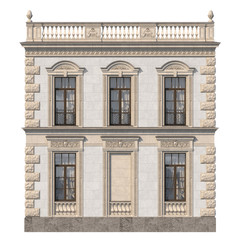 Stone facade of a classic house with windows and niche. 3d rendering