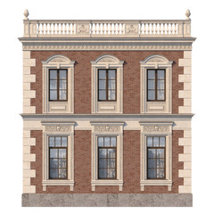 Brick facade of a classic-style house with windows. 3d rendering.