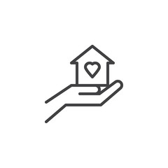 Naklejka premium Love house line icon. linear style sign for mobile concept and web design. Hand hold home with heart outline vector icon. Symbol, logo illustration. Pixel perfect vector graphics