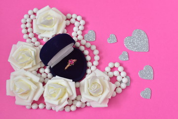 Gold Ring of roses pearls white pink blue hearts
