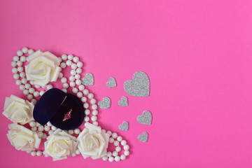 Gold Ring of pearls rose hearts white pink blue