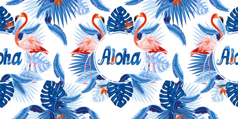 Vector seamless tropical pattern, exotic birds, vivid tropic foliage, with monstera leaf, palm leaves, bird of paradise flower. Pattern trend design.