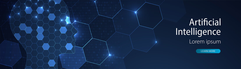 Artificial intelligence (AI) and big data concept. Machine cyber mind.  Humen face with binary data flow. Technology vector background.