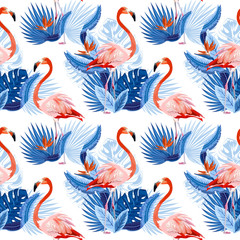 Vector seamless tropical pattern, exotic birds, vivid tropic foliage, with monstera leaf, palm leaves, bird of paradise flower. Pattern trend design.