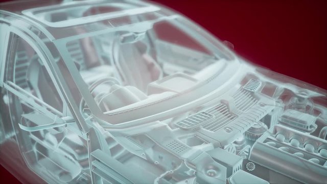 Holographic animation of 3D wireframe car model with engine and otter technical parts