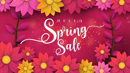 Spring Sale Banner with leaf and colorful flowers. Vector Design for your greetings card, flyers,  web banner , invitation, posters, brochure, banners, calendar, spring sale.