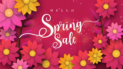 Spring Sale Banner with leaf and colorful flowers. Vector Design for your greetings card, flyers,  web banner , invitation, posters, brochure, banners, calendar, spring sale.