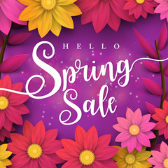 Spring Sale Banner with leaf and colorful flowers. Vector Design for your greetings card, flyers,  web banner , invitation, posters, brochure, banners, calendar, spring sale.