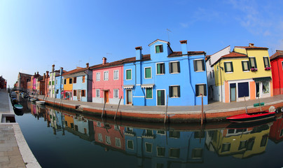 Fototapeta na wymiar houses in the Burano Isle near Venice in Italy by fish eye lens