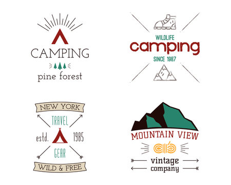 Mountain camping logos set. Hand drawn hiking travel badges, wildlife emblems. Explorer labels concepts. Wanderlust illustrations. Stock vector patches isolated on white background