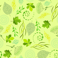 Seamless nature pattern with stylized green leaves.