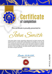 Official white blue certificate with gold blue emblem. Business clean modern design. Gold emblem