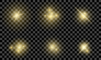 Realistic yellow shine and glow effects pack isolated on transparent background. Vector illustration