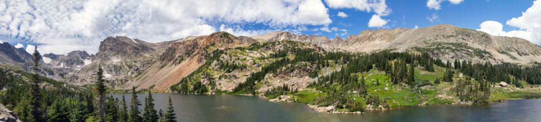 Majestic panorama view of a tranquil lake surrounded by trees in a Colorado Rocky Mountains landscape