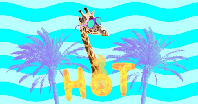Minimal motion design. Giraffe on vacation. Beach party mood