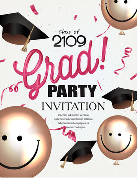 Grad party invitation card with smiling air balloons and graduation caps