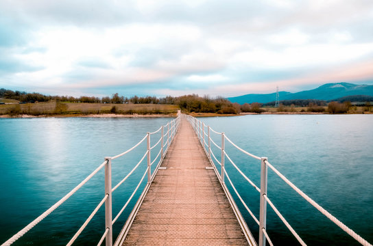 floating bridge in the reservoir of Ullibarri Gamboa, Alava, Basque Country